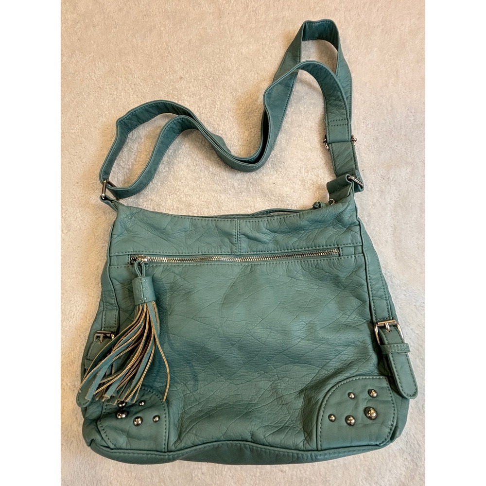 Gai Mattiolo Teal Blue Vegan Leather Tassel Crossbody Bag Studded Boho‎ Hobo